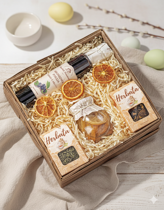 Elegancki Kosz Prezentowy z Herbatami, Aronią i Cytrynkami – Idealny Upominek