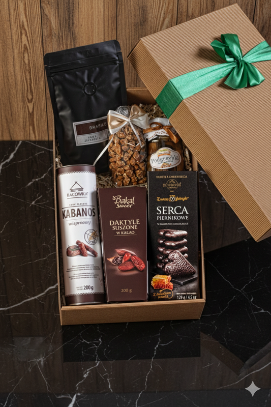 Elegancki Kosz Prezentowy z Kabanosami i Kawą Arabica – Zestaw Wytrawnych Przysmaków