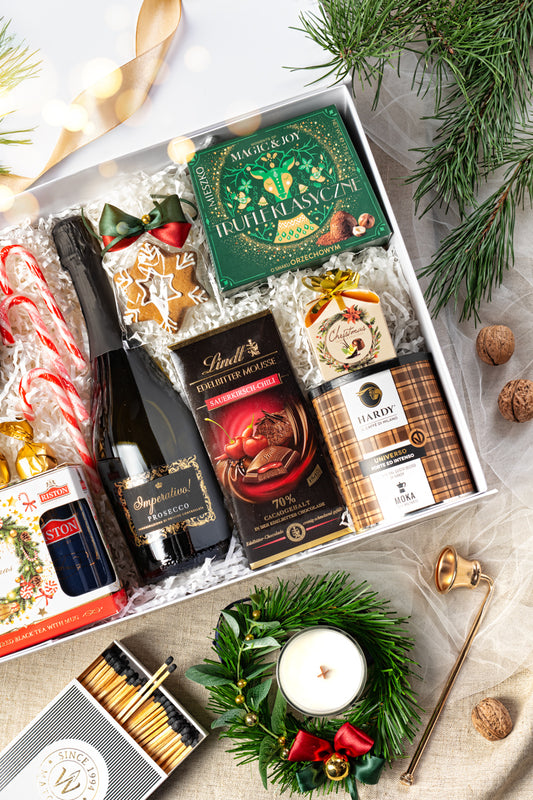 Ekskluzywny Kosz Prezentowy Świąteczny z Prosecco i Kawą Hardy – Idealny Upominek