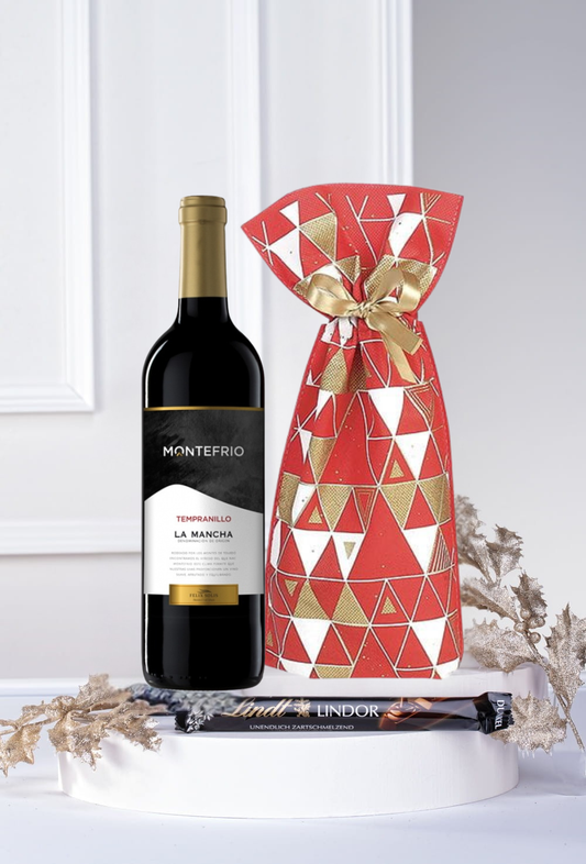 Elegancki Zestaw Prezentowy z Winem Montefrio i Czekoladą Lindt – Czerwono Złoty Worek Upominkowy