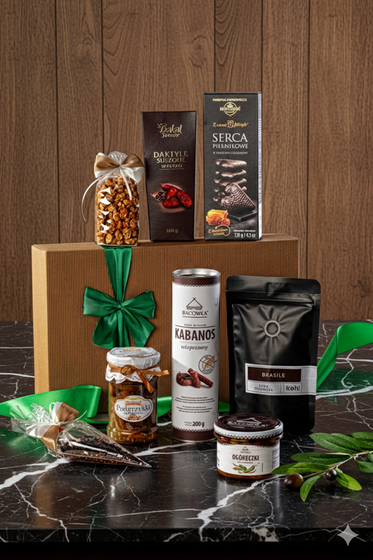 Elegancki Kosz Prezentowy z Kabanosami i Kawą Arabica – Zestaw Wytrawnych Przysmaków