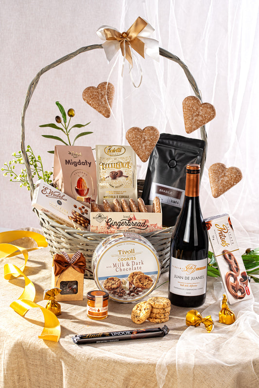 Kosz Prezentowy z Hiszpańskim Winem i Kawą Arabica - Elegancki Zestaw Upominkowy