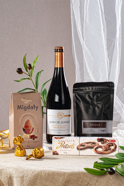Kosz Prezentowy z Hiszpańskim Winem i Kawą Arabica - Elegancki Zestaw Upominkowy