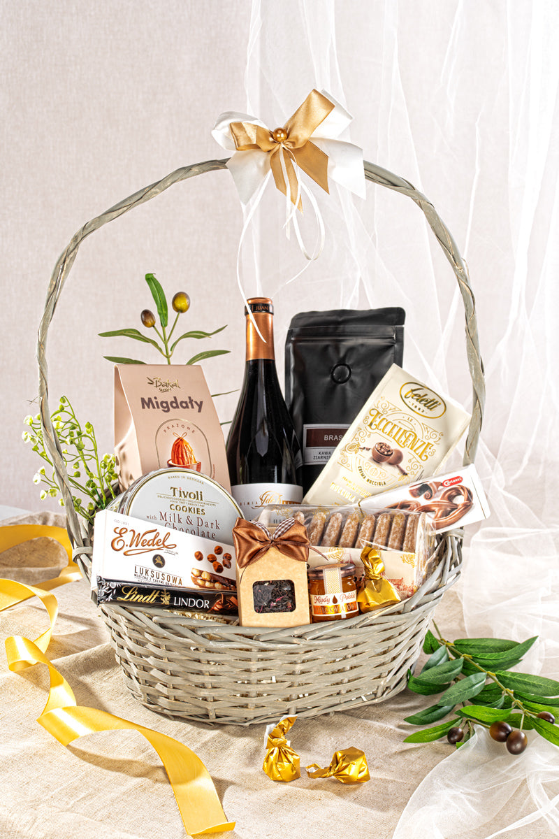 Kosz Prezentowy z Hiszpańskim Winem i Kawą Arabica - Elegancki Zestaw Upominkowy