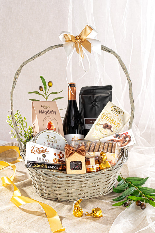 Kosz Prezentowy z Hiszpańskim Winem i Kawą Arabica - Elegancki Zestaw Upominkowy