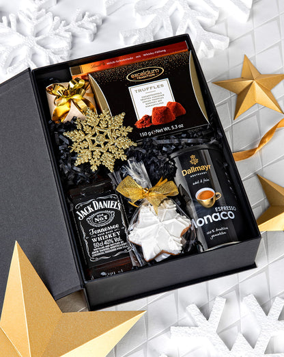 Luksusowy Zestaw Prezentowy z Jack Daniel’s, Kawą Dallmayr i Czekoladą – Elegancki Upominek Świąteczny