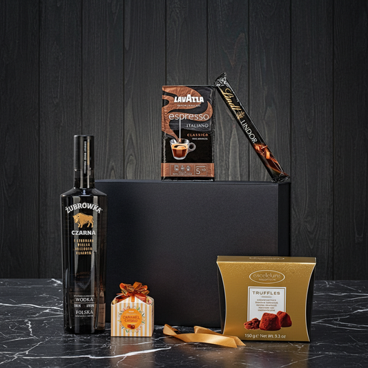 Luksusowy Kosz Prezentowy dla Mężczyzny z Czarną Żubrówką i Kawą – Prezent Biznesowy