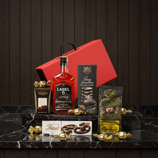 Ekskluzywny Zestaw Prezentowy z Whisky Label 5 i Słodyczami – Elegancki Upominek dla Mężczyzny