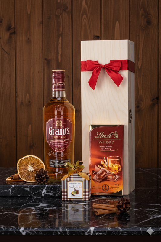 Prezent z Whisky Grant's i Czekoladą Lindt w Drewnianej Skrzynce – Prezent na Urodziny