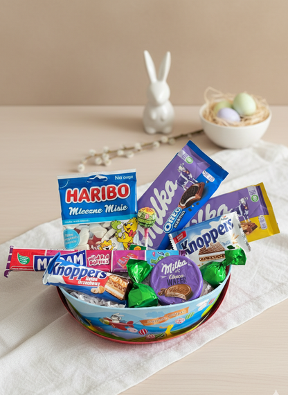 Wielkanocny Koszyk Prezentowy dla Dziecka ze Słodyczami Milka i Haribo – Zestaw Upominkowy