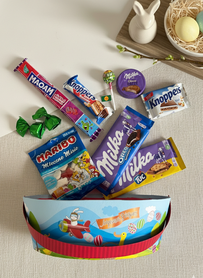 Wielkanocny Koszyk Prezentowy dla Dziecka ze Słodyczami Milka i Haribo – Zestaw Upominkowy