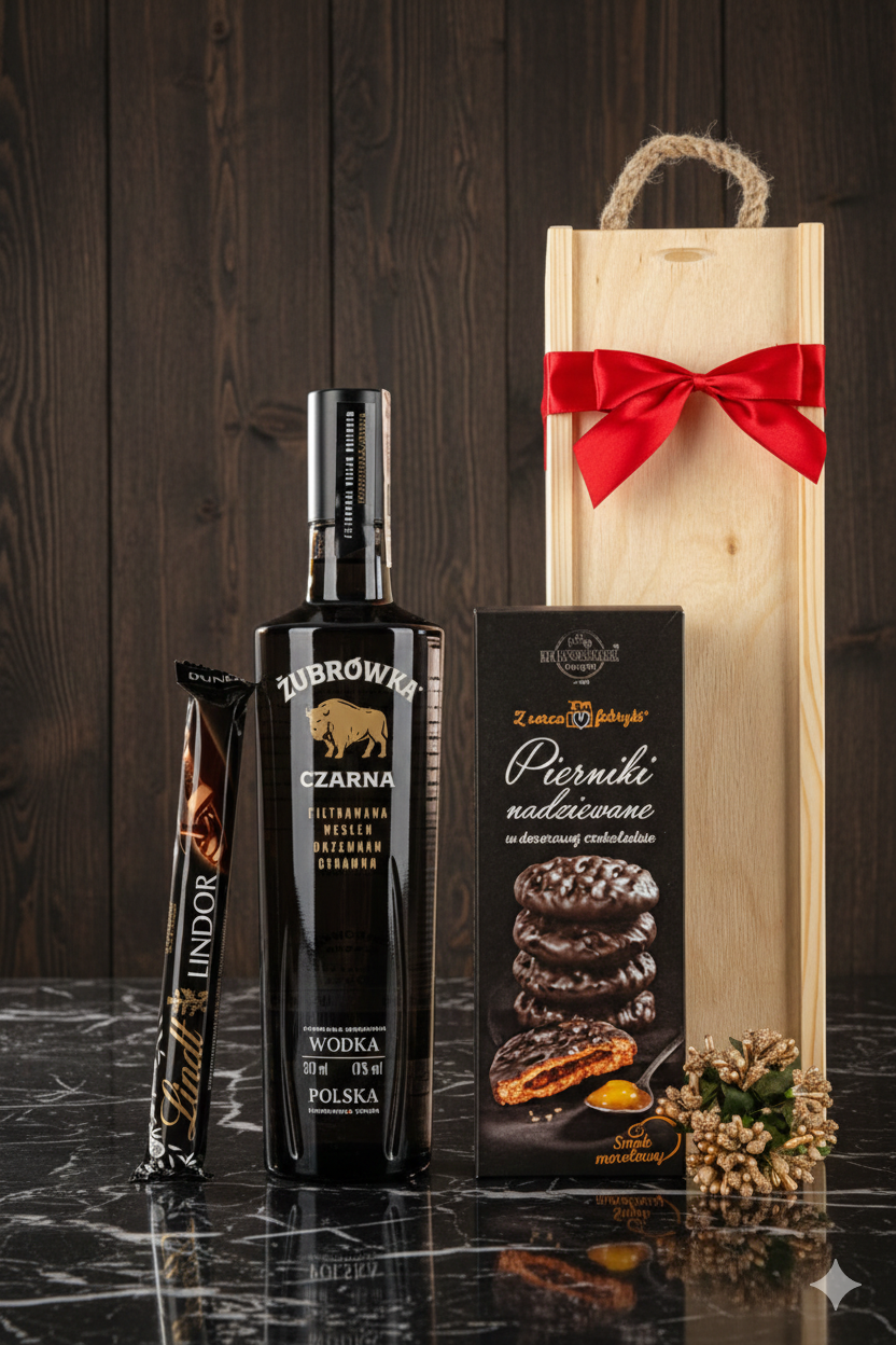 Zestaw Prezentowy: Żubrówka Czarna, Lindt & Pierniki w Drewnianej Skrzyni