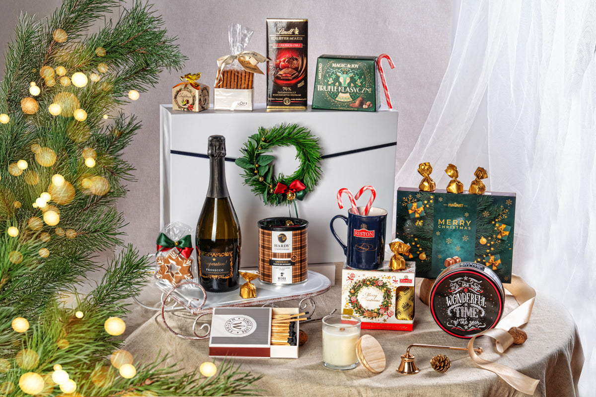 Ekskluzywny Kosz Prezentowy Świąteczny z Prosecco i Kawą Hardy – Idealny Upominek